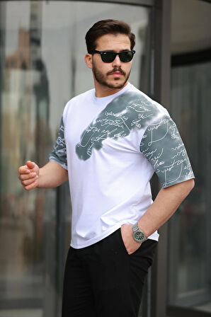 Miron Beyaz Kol Baskı Detaylı Sıfır Yaka Oversize Kısa Kollu Tişört -2506