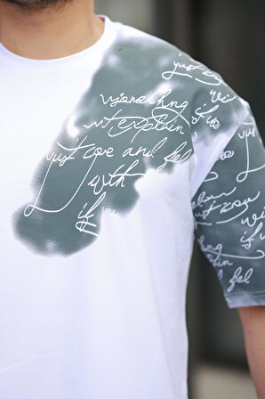 Miron Beyaz Kol Baskı Detaylı Sıfır Yaka Oversize Kısa Kollu Tişört -2506