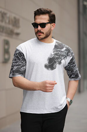 Miron Gri Kol Baskı Detaylı Sıfır Yaka Oversize Kısa Kollu Tişört -2506