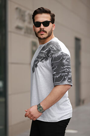 Miron Gri Kol Baskı Detaylı Sıfır Yaka Oversize Kısa Kollu Tişört -2506