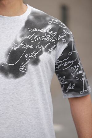 Miron Gri Kol Baskı Detaylı Sıfır Yaka Oversize Kısa Kollu Tişört -2506