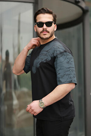 Miron Siyah Kol Baskı Detaylı Sıfır Yaka Oversize Kısa Kollu Tişört -2506