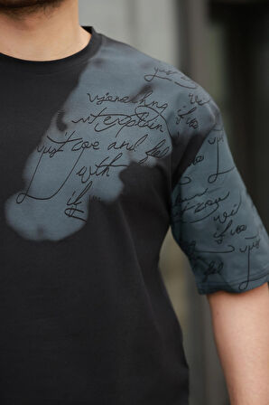 Miron Siyah Kol Baskı Detaylı Sıfır Yaka Oversize Kısa Kollu Tişört -2506