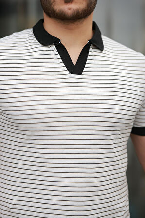 Miron Beyaz Çizgili Polo Yaka Kısa Kollu Tişört -2508