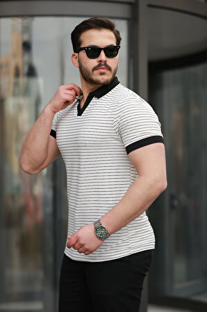 Miron Beyaz Çizgili Polo Yaka Kısa Kollu Tişört -2508