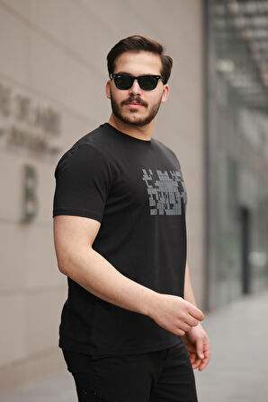 Miron Siyah Baskılı Sıfır Yaka Regular Fit Kısa Kollu Tişört -2509