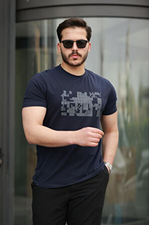 Miron Lacivert Baskılı Sıfır Yaka Regular Fit Kısa Kollu Tişört -2509