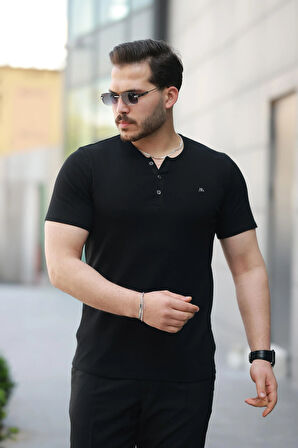 Miron Siyah Önü Düğmeli Sıfır Yaka Kısa Kollu Regular Fit Tişört- 2510