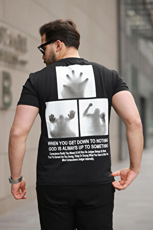 Miron Siyah Sırtı Baskı Detaylı Sıfır Yaka Oversize Kısa Kollu Tişört -2507