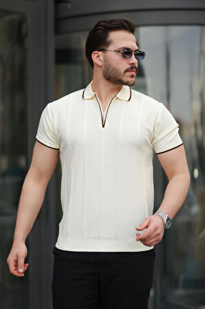 Miron Ekru Petek Dokulu Fermuarlı Polo Yaka Triko Kısa Kollu Tişört 2511