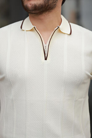 Miron Ekru Petek Dokulu Fermuarlı Polo Yaka Triko Kısa Kollu Tişört 2511