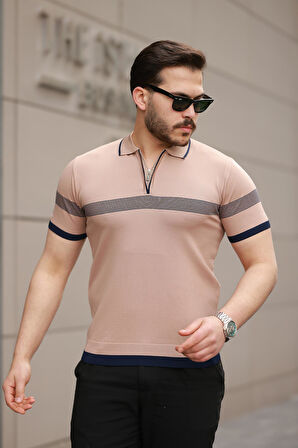 Miron Kamel Çizgili ve Fermuar Detalı Polo Yaka Triko Kısa Kollu Tişört 2512 