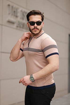 Miron Kamel Çizgili ve Fermuar Detalı Polo Yaka Triko Kısa Kollu Tişört 2512 