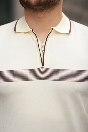 Miron Ekru Çizgili ve Fermuar Detalı Polo Yaka Triko Kısa Kollu Tişört 2512 