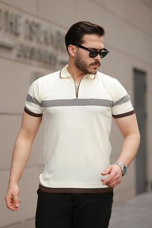 Miron Ekru Çizgili ve Fermuar Detalı Polo Yaka Triko Kısa Kollu Tişört 2512 