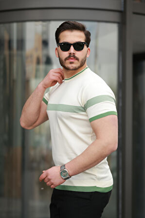 Miron Ekru Sıfır Yaka Çizgili Triko Tişört- 2418