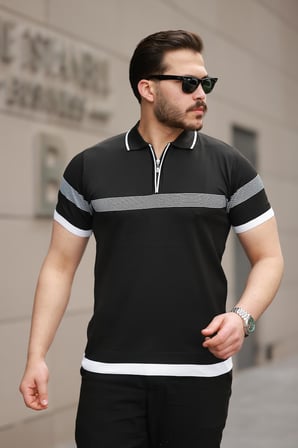 Miron Siyah Çizgili ve Fermuar Detalı Polo Yaka Triko Kısa Kollu Tişört 2512 
