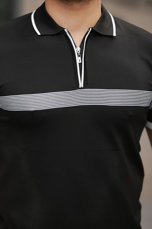 Miron Siyah Çizgili ve Fermuar Detalı Polo Yaka Triko Kısa Kollu Tişört 2512 