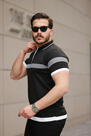 Miron Siyah Çizgili ve Fermuar Detalı Polo Yaka Triko Kısa Kollu Tişört 2512 