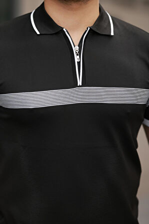 Miron Siyah Çizgili ve Fermuar Detalı Polo Yaka Triko Kısa Kollu Tişört 2512 