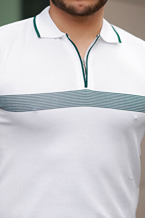 Miron Beyaz Çizgili ve Fermuar Detalı Polo Yaka Triko Kısa Kollu Tişört 2512 