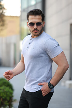 Miron Gri Önü Düğmeli Sıfır Yaka Kısa Kollu Regular Fit Tişört- 2510