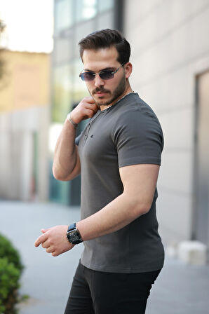 Miron Antrasit Önü Düğmeli Sıfır Yaka Kısa Kollu Regular Fit Tişört- 2510