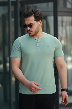 Miron Su Yeşili Önü Düğmeli Sıfır Yaka Kısa Kollu Regular Fit Tişört- 2510