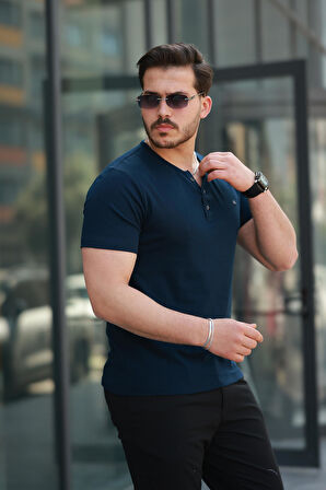 Miron Lacivert Önü Düğmeli Sıfır Yaka Kısa Kollu Regular Fit Tişört- 2510