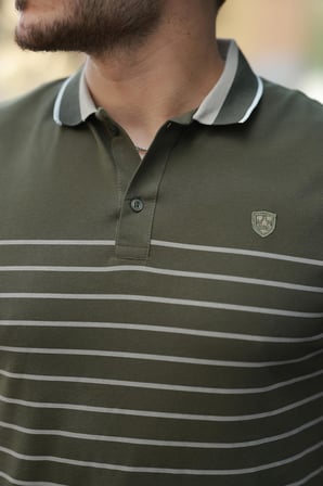 Miron Haki Çizgili Polo Yaka Kısa Kollu Tişört-2515