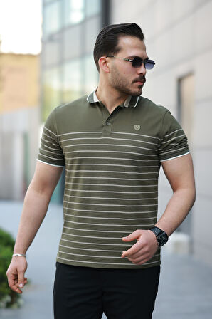 Miron Haki Çizgili Polo Yaka Kısa Kollu Tişört-2515