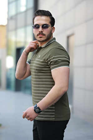 Miron Haki Çizgili Polo Yaka Kısa Kollu Tişört-2515