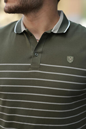 Miron Haki Çizgili Polo Yaka Kısa Kollu Tişört-2515