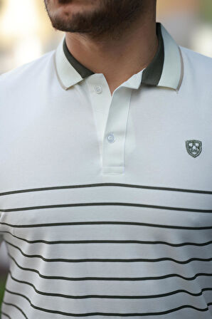 Miron Beyaz Çizgili Polo Yaka Kısa Kollu Tişört-2515