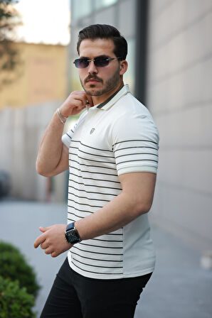 Miron Beyaz Çizgili Polo Yaka Kısa Kollu Tişört-2515