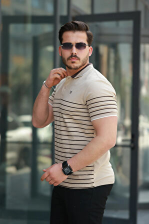 Miron Bej Çizgili Polo Yaka Kısa Kollu Tişört-2515