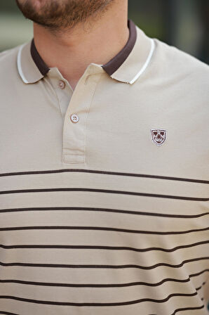 Miron Bej Çizgili Polo Yaka Kısa Kollu Tişört-2515