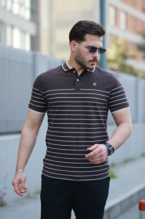 Miron Kahverengi Çizgili Polo Yaka Kısa Kollu Tişört-2515