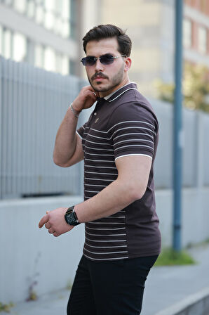 Miron Kahverengi Çizgili Polo Yaka Kısa Kollu Tişört-2515