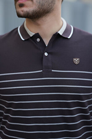 Miron Kahverengi Çizgili Polo Yaka Kısa Kollu Tişört-2515