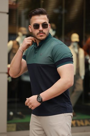 Miron Nefti Lacivert Kagi Ston Parçalı Polo Yaka Kısa Kollu Tişört- 2402