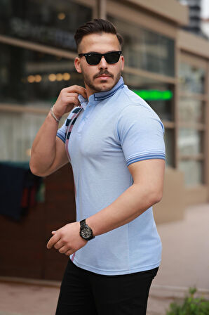 Miron Buz Mavisi Baskı Detaylı Polo Yaka Kısa Kollu Tişört -2519