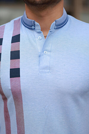 Miron Buz Mavisi Baskı Detaylı Polo Yaka Kısa Kollu Tişört -2519