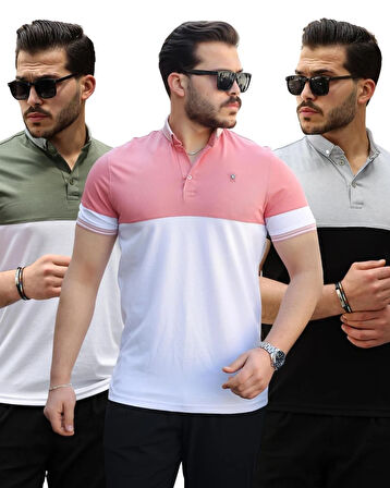 Miron Pembe Gri Haki Ston Parçalı Üçlü Paket  Polo Yaka Kısa Kollu Tişört- 2521