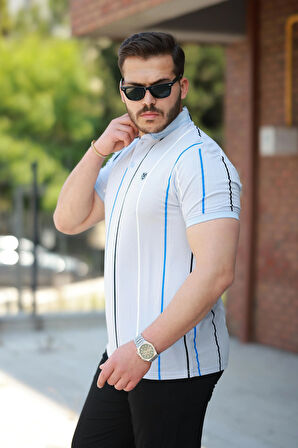 Miron Buz Mavisi Dikey Çizgili Polo Yaka Kısa Kollu Tişört- 2502