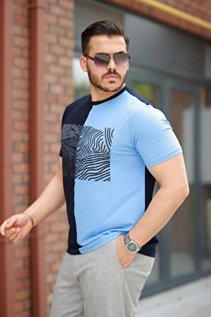 Miron Lacivert Buz Mavisi Çizgi Baskılı Regular Fit Sıfır Yaka Kısa Kollu Tişört-2522