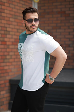 Miron Yeşil Beyaz Çizgi Baskılı Regular Fit Sıfır Yaka Kısa Kollu Tişört-2522