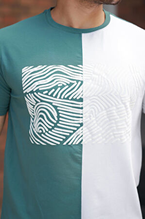 Miron Yeşil Beyaz Çizgi Baskılı Regular Fit Sıfır Yaka Kısa Kollu Tişört-2522