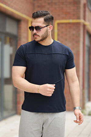 Miron Lacivert Parçalı Dikiş Detaylı Regular Fit Kısa Kollu Tişört -2523
