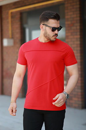 Miron Kırmızı Parçalı Dikiş Detaylı Regular Fit Kısa Kollu Tişört -2523